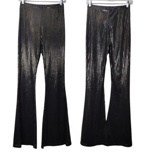 Metallic Disco Pants  Slim Striped Wide leg High Rise Flare Gold Black Size M